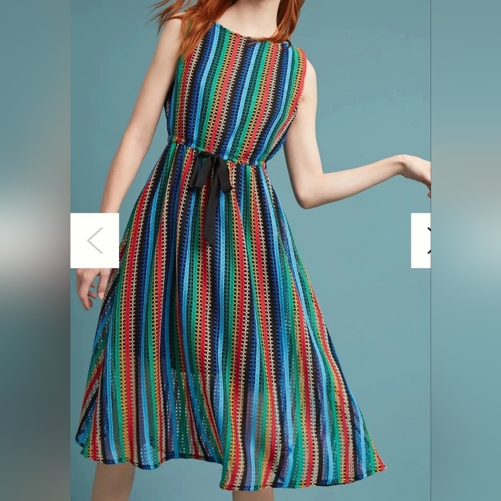 ANTHROPOLOGIE Eva Franco Rainbow Crochet‎ Midi Dress Size 6 Polyester Lined